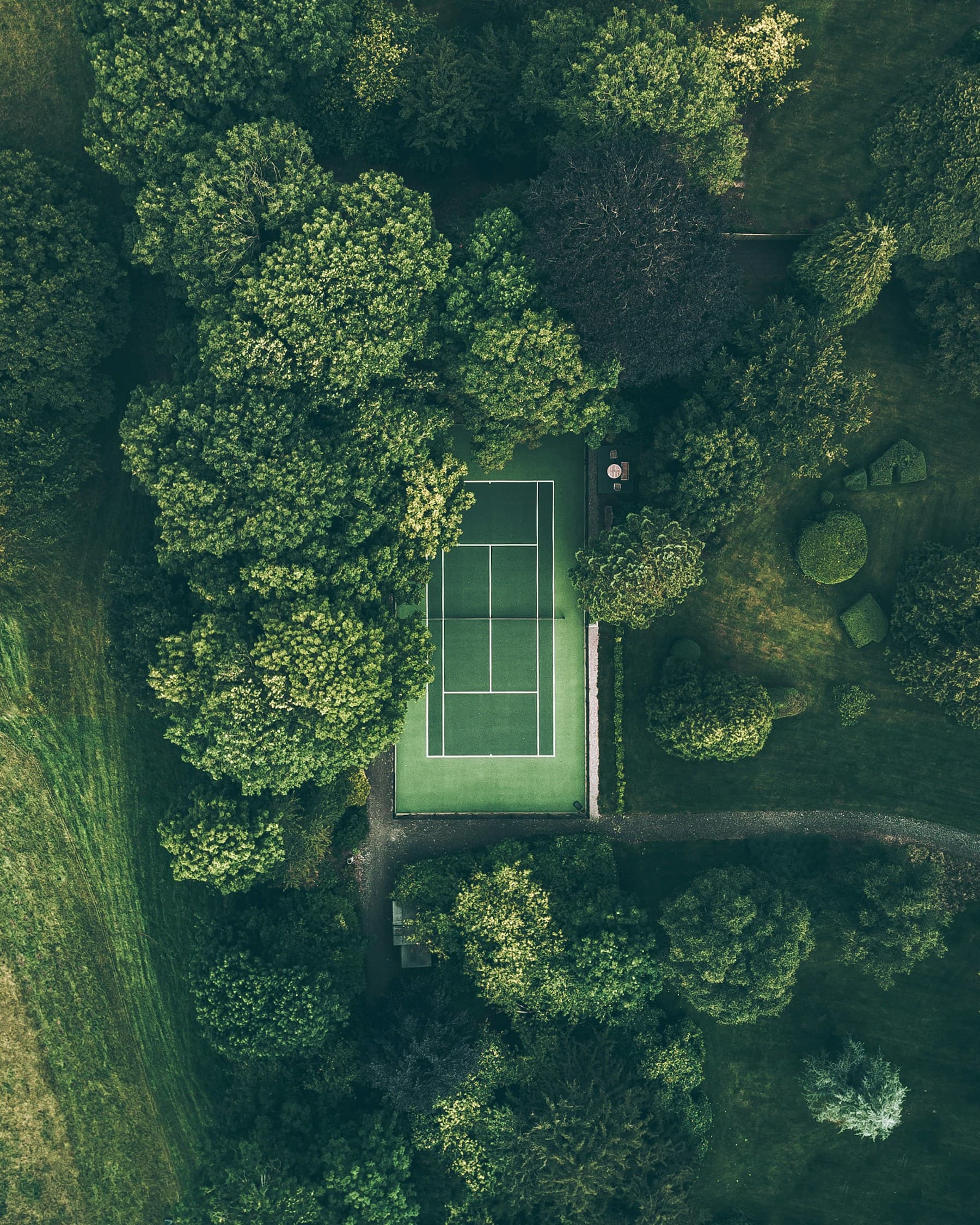 Grüner Tennisplatz zwischen Bäumen aus der Vogelperspektive